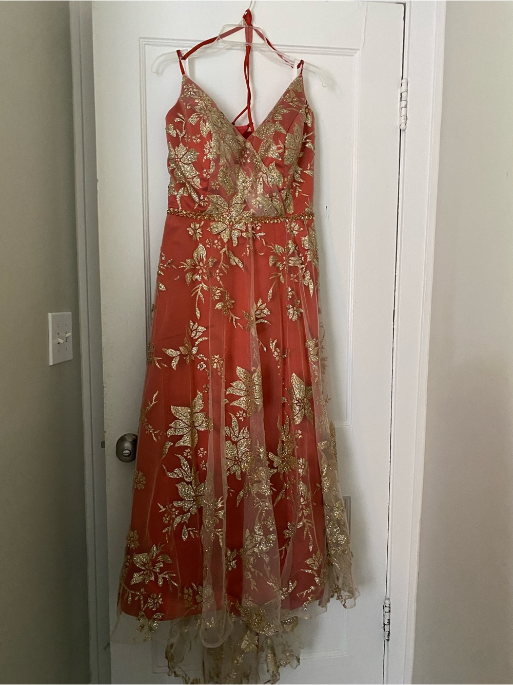 Coral High-Low Maxi Dress with Gold Floral Embroidery
